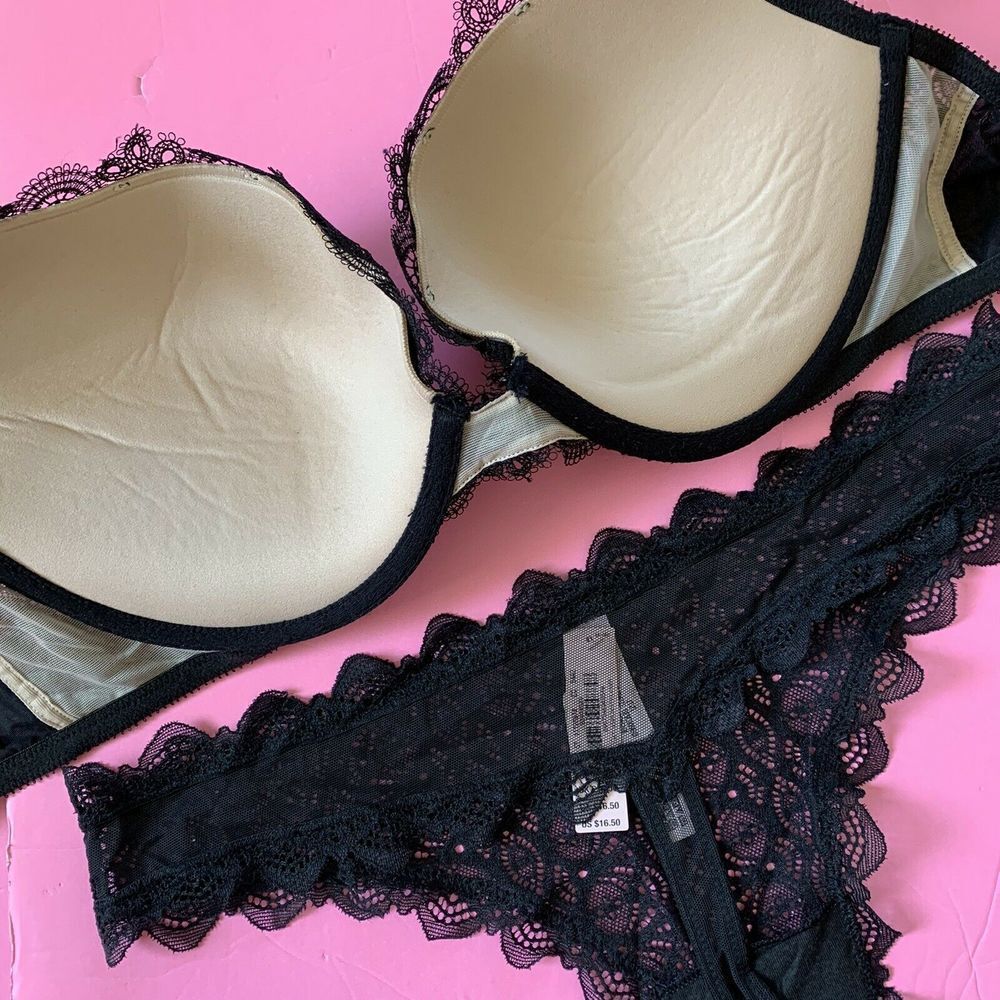 Victoria's Secret 36D BRA SET+garter TEDDY+L thong+ROBE BLACK embroidered lace - Picture 8 of 8